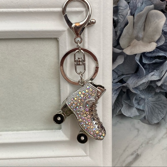 Silver Iridescent Crystal Roller Skate Keychain Charm - Picture 2 of 15